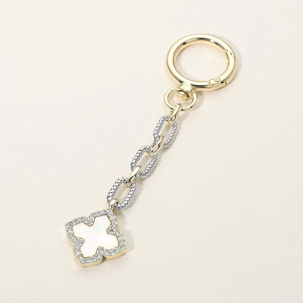 FASHNZFAB 14K Gold Dipped CZ Stone Rim Mother of Pearl Clover Charm Drop Keychain Bag Charm