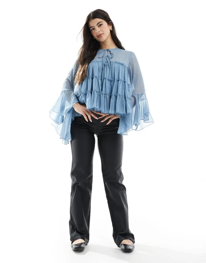 ASOS ASOS DESIGN tie front tiered blouse with ruffle cuffs in blue 2