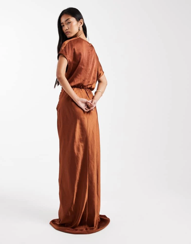 six stories brown dress One Shoulder Drape Satin Bridesmaid Dress