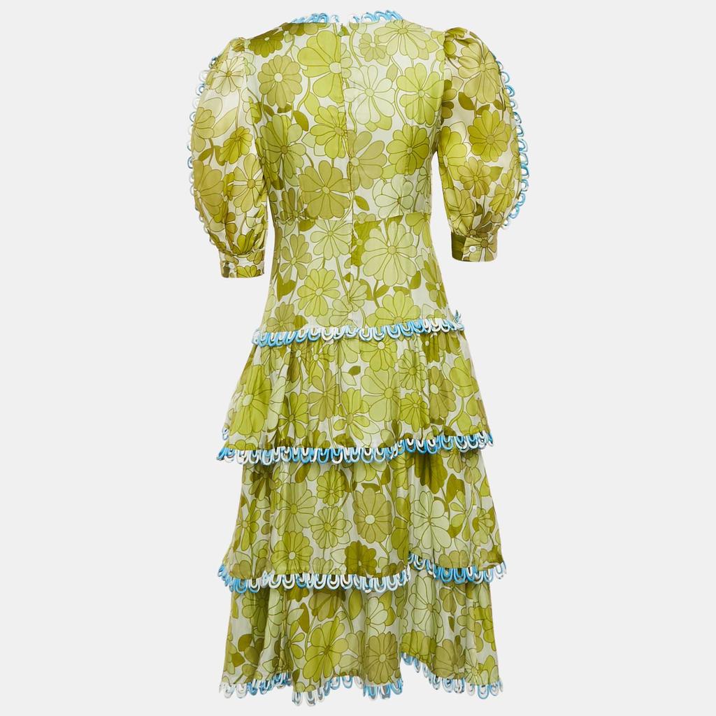 CeliaB CeliaB Green Floral Print Silk Blend Tiered Midi Erica Dress S
