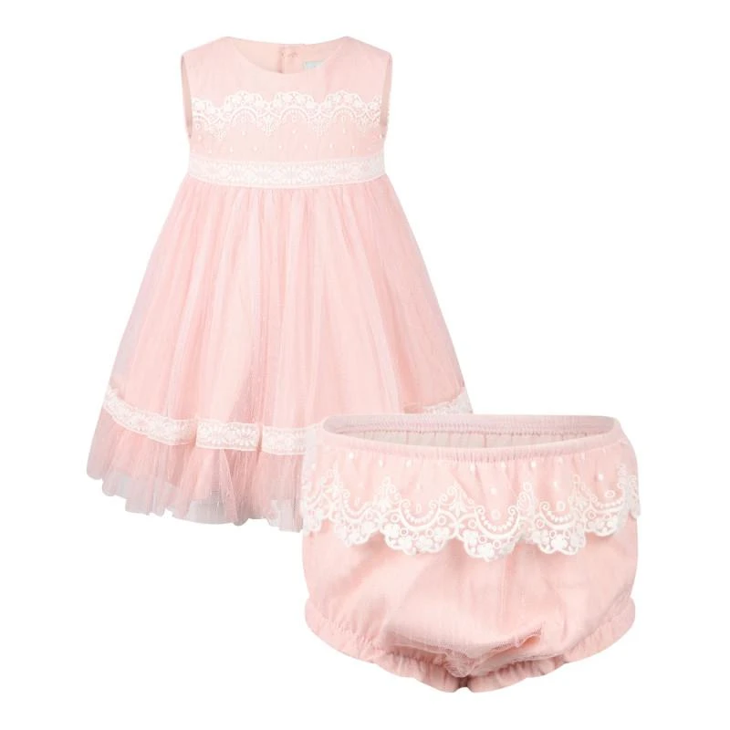 Abel & Lula Lace embellishment tulle baby dress with bloomers in pink 1