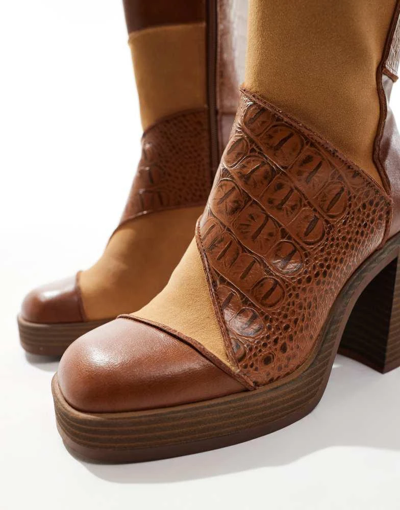 Bershka Bershka patwork heeled boots in brown 3