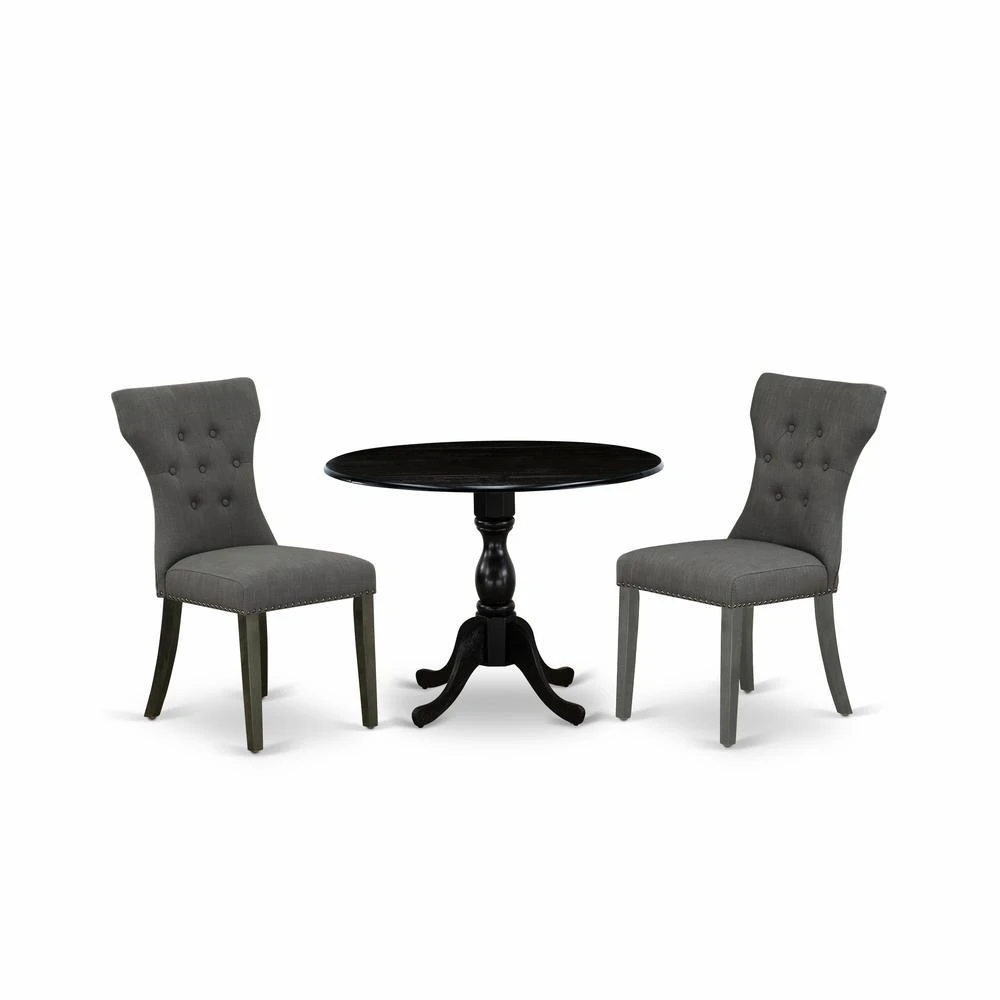 East West Furniture 3 Piece Dining Set Contains 1 Drop Leaves Table and 2 Dark Gotham Grey Linen Fabric Dining Chairs Button Tufted Back