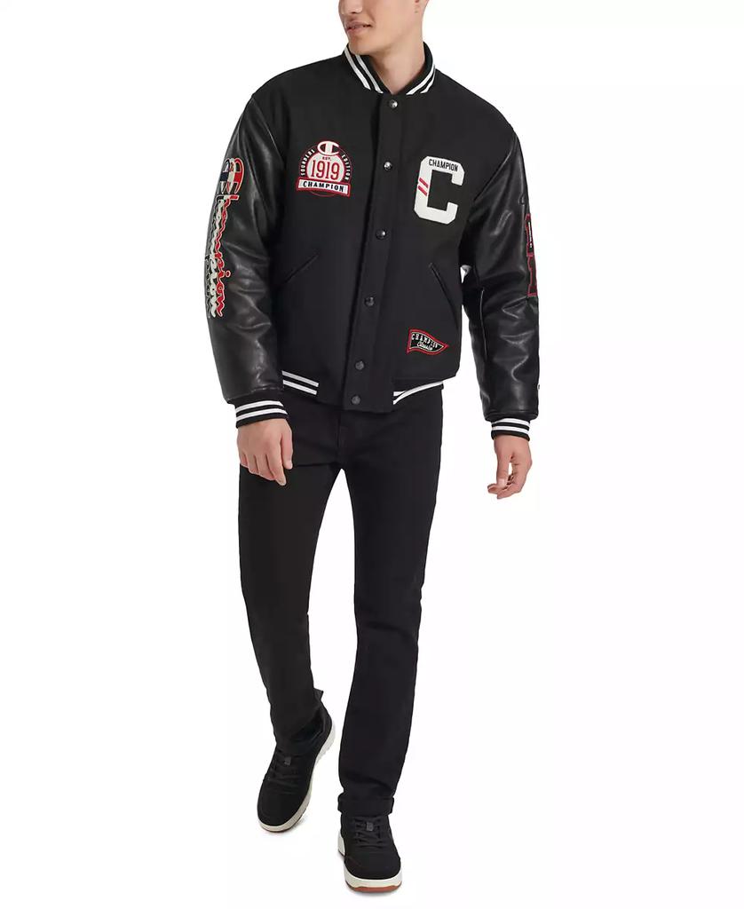 CHAMPION Men's Logo-Patch Mixed-Media Varsity Jacket