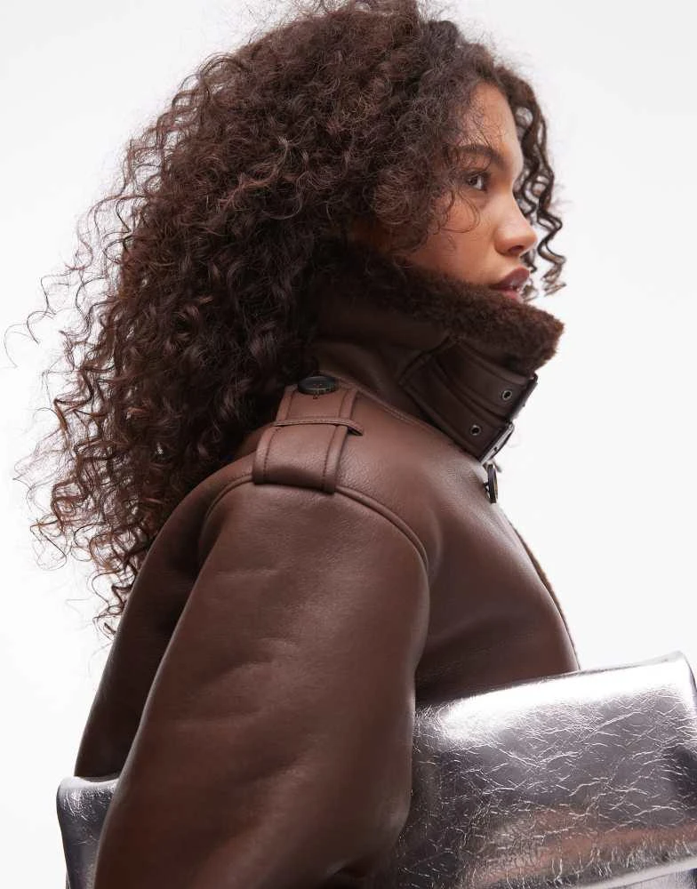Topshop Topshop faux leather borg shearling cropped aviator jacket in choc 3
