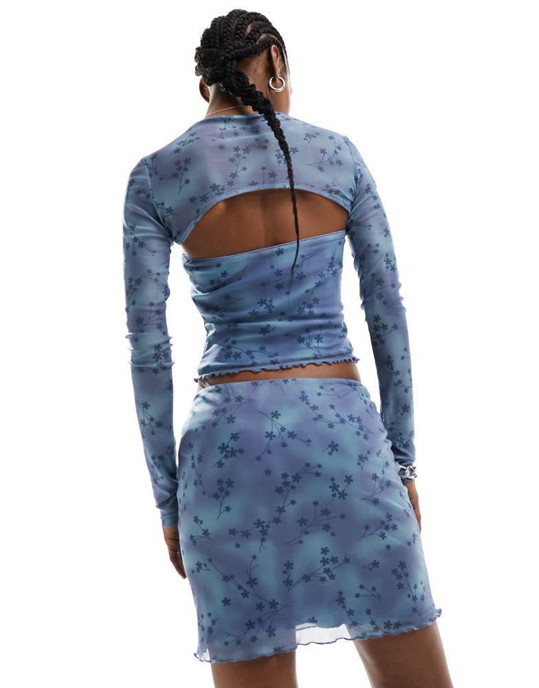 Daisy Street Daisy Street bow detail mini skirt in blue floral mesh co-ord