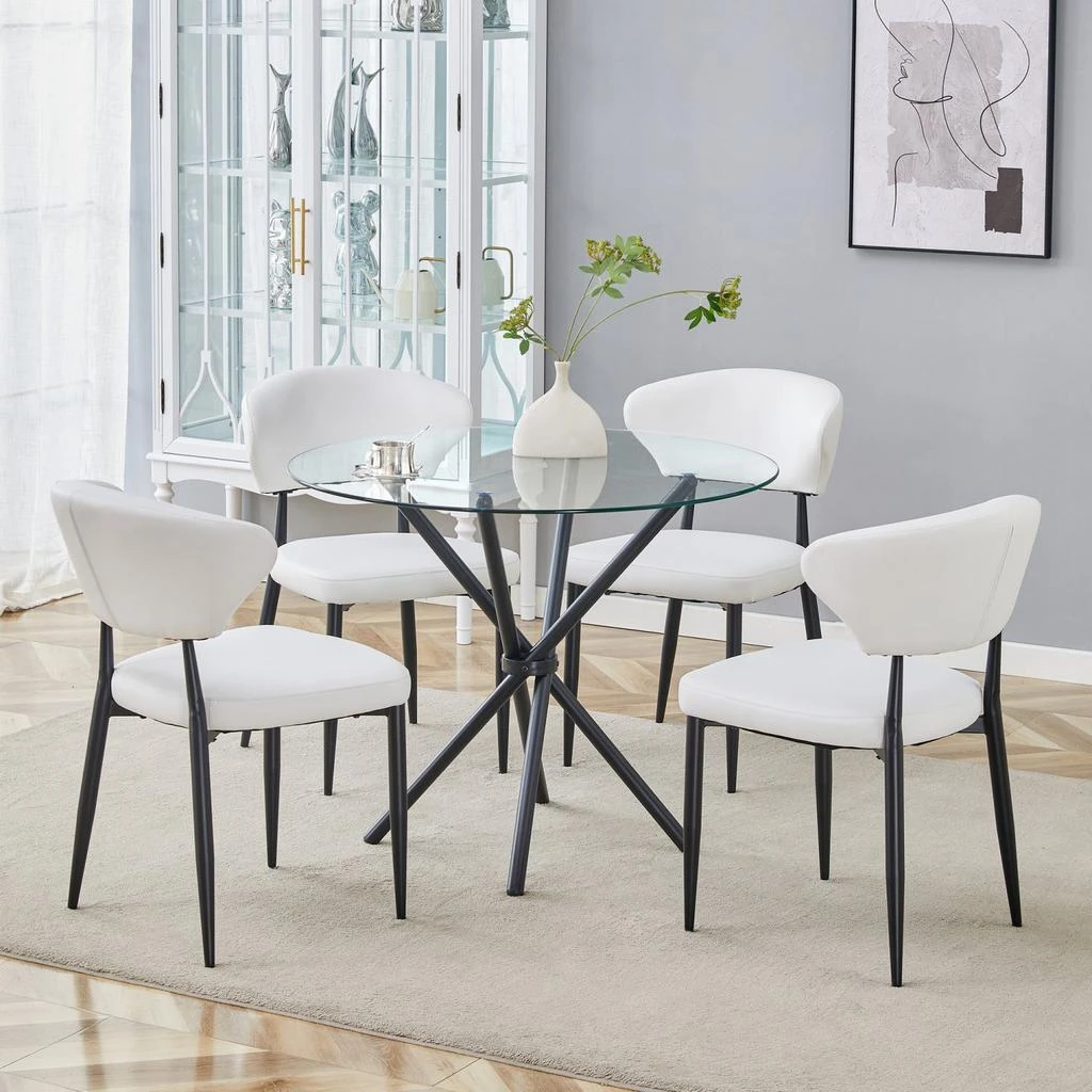 Streamdale Furniture Streamdale Glass Round Table 
4 White PU Chairs 2