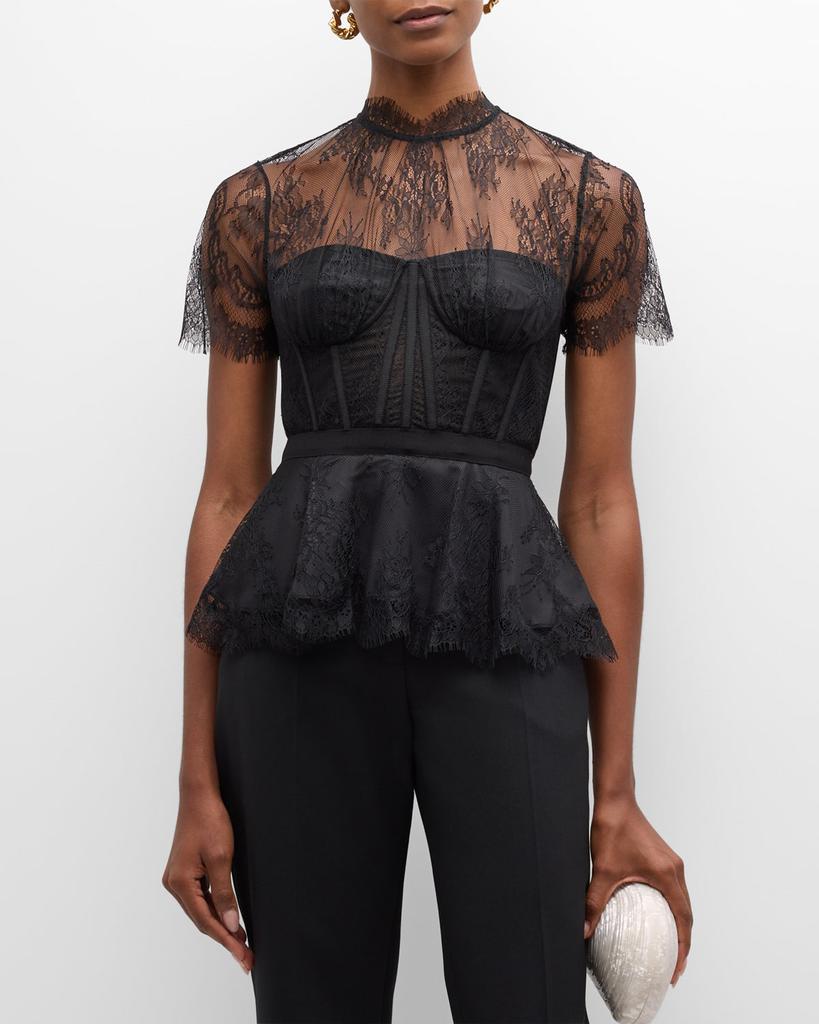 SIMKHAI Kehlani Sheer Lace Short-Sleeve Peplum Bustier Top