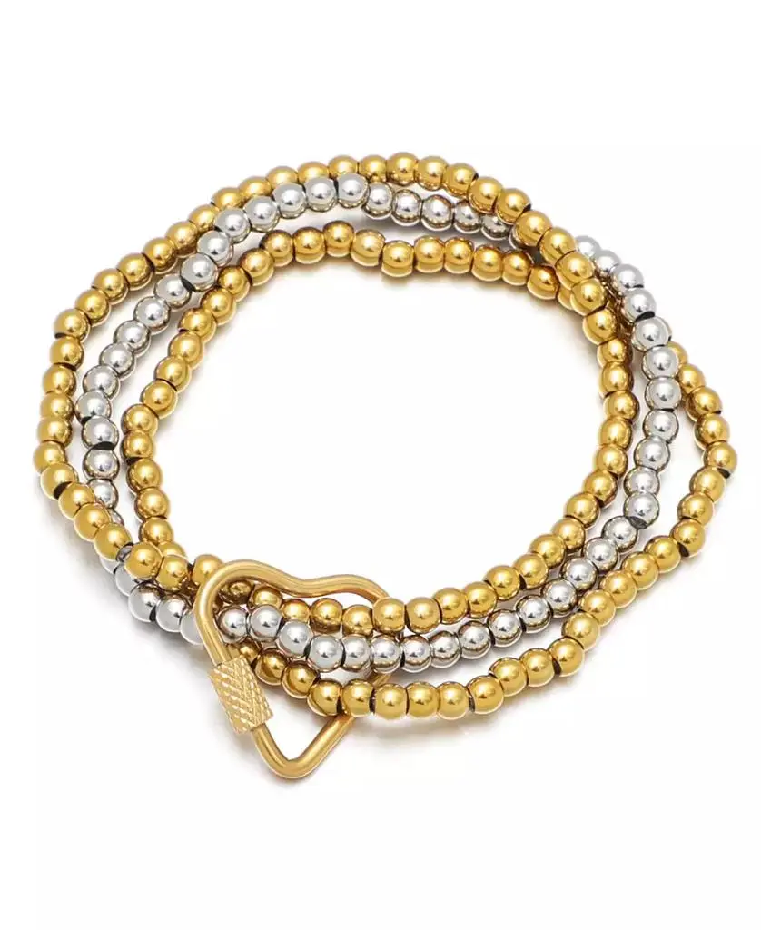 ADORNIA Tarnish Resistant Gold and Silver Bead Bracelet with Heart Lock Set
