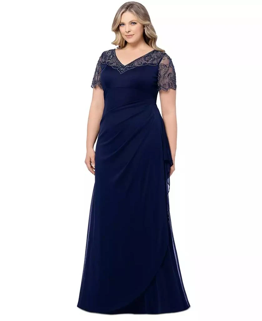 XSCAPE Plus Size Beaded Illusion-Sleeve V-Neck Gown 3