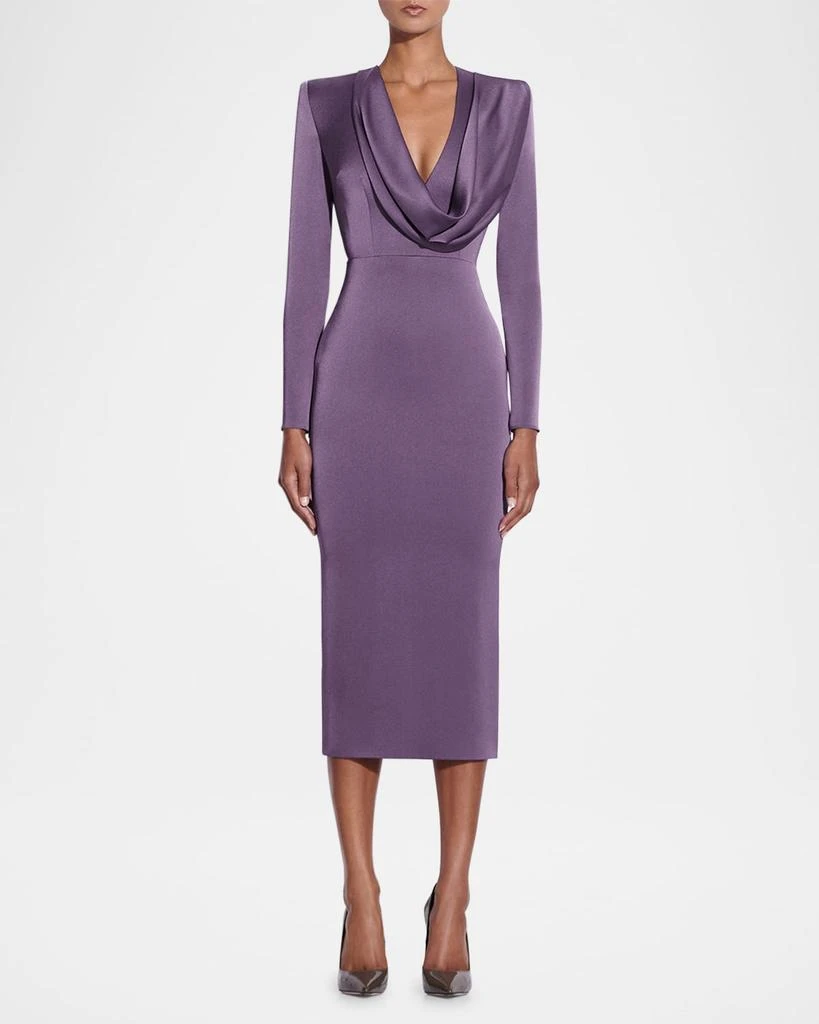Alex Perry Draped Cowl-Neck Strong-Shoulder Satin Crepe Midi Dress 2