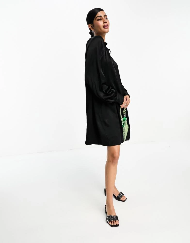& Other Stories & Other Stories frill neck long sleeve satin dress in black 4