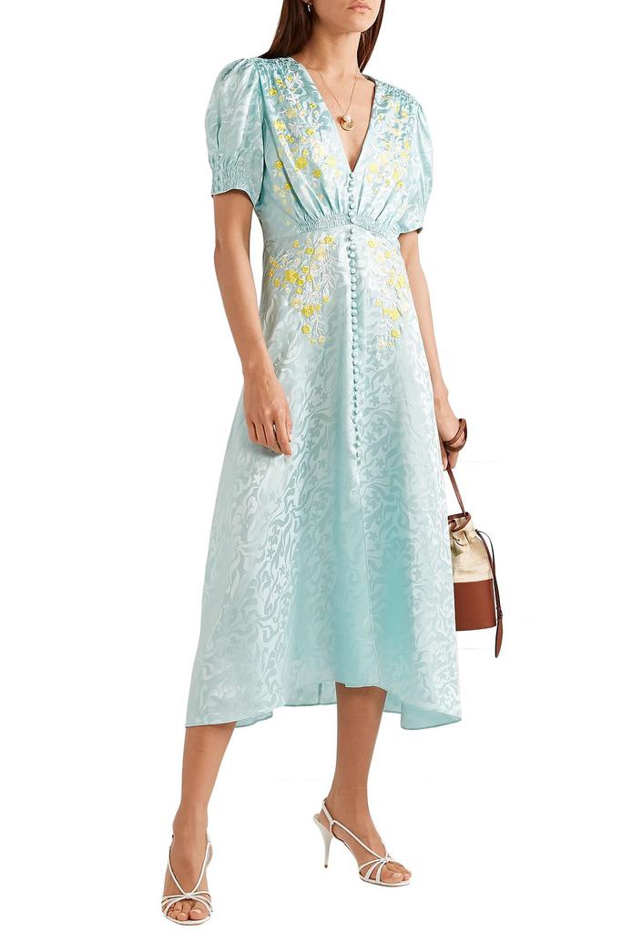 Saloni Lea shirred embroidered silk-satin jacquard midi dress