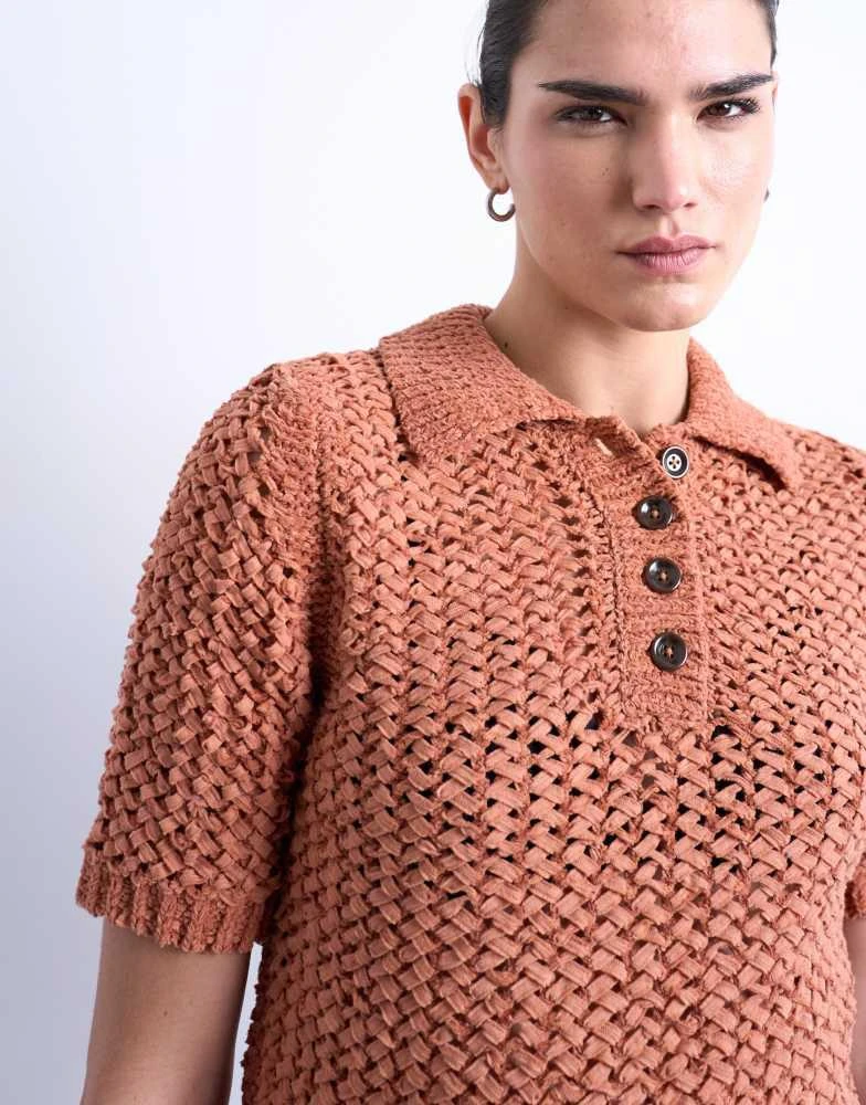 Topshop Topshop knitted tape yarn polo in rust 4