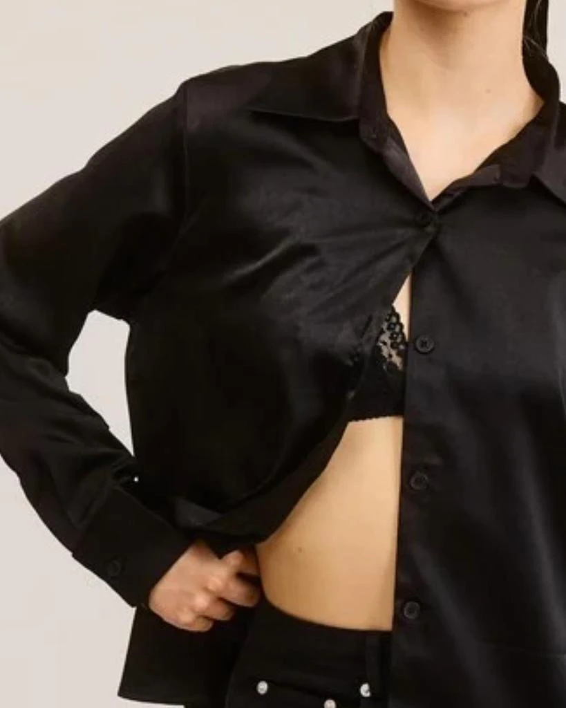 Mimosa Satin Button Down Long Sleeve Blouse In Black 2
