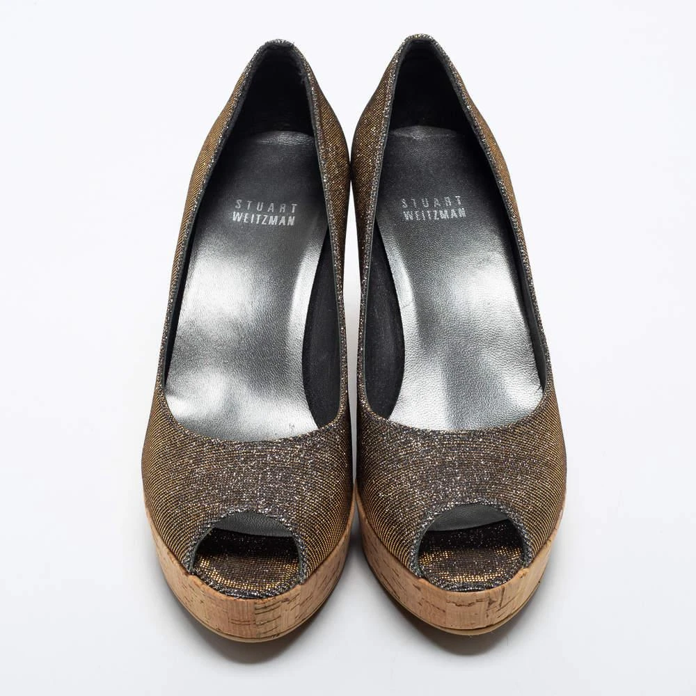 Stuart Weitzman Stuart Weitzman Grey Lurex Fabric Anna Cork Wedge Platform Peep Toe Pumps Size 37 3