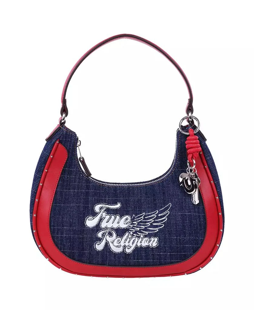 True Religion Wing Motif Denim Hobo Bag with Red Trim