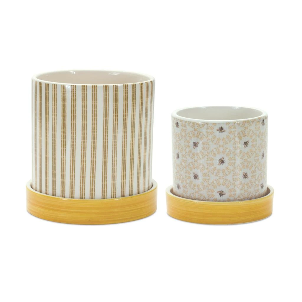 Hivvago Stone Bumble Bee Striped Planter with Plate (Set of 2)