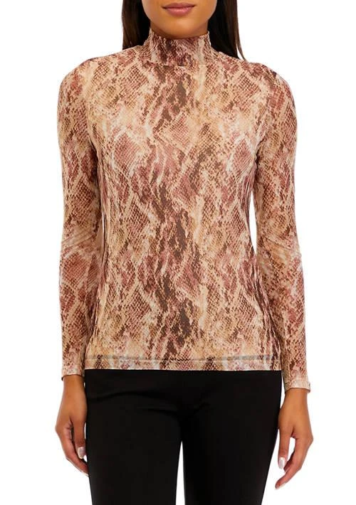 Anne Klein Klein Womens Printed Mesh Long Sleeve Zip Back Mock Neck Top 1