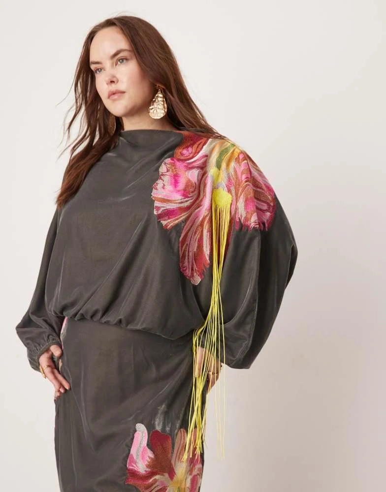 ASOS EDITION Curve velvet embroidered maxi dress with fringe detail in  charcoal  On Sale Now with Up to 60% Off | Discover Exclusive Deals &  Savings at BeyondStyle  Authentic ASOS