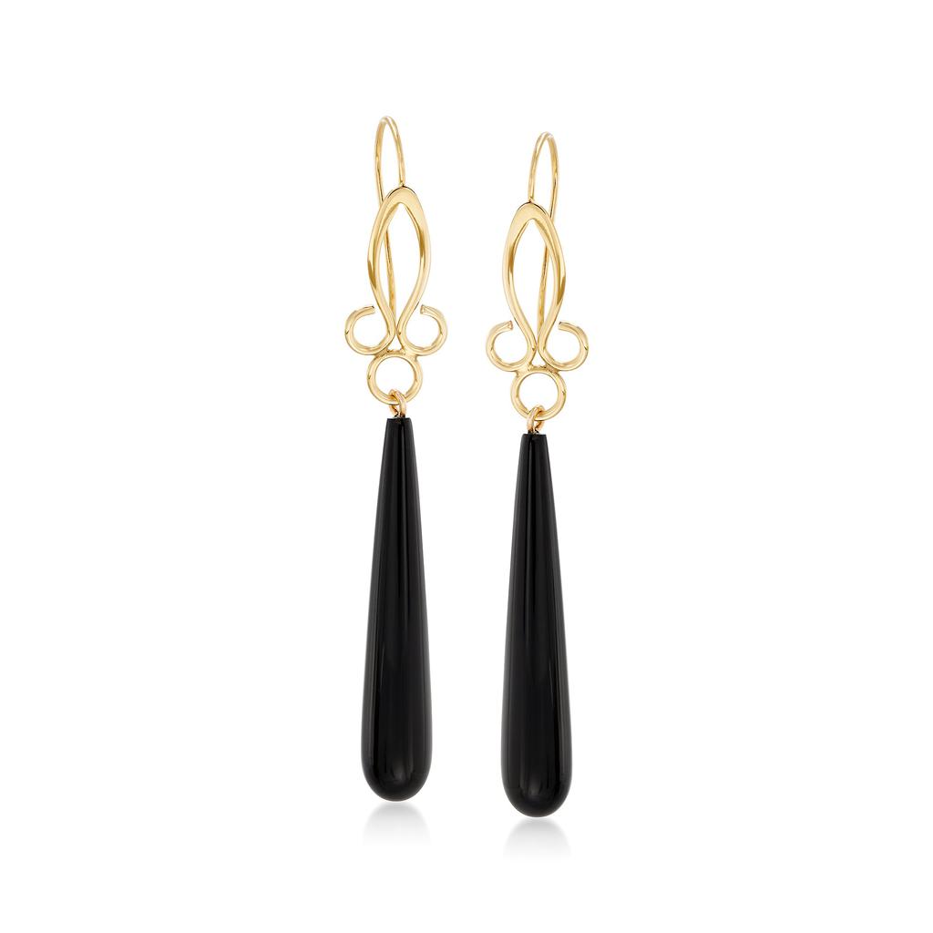Ross-Simons Ross-Simons Long Teardrop Black Onyx Drop Earrings in 14kt Yellow Gold