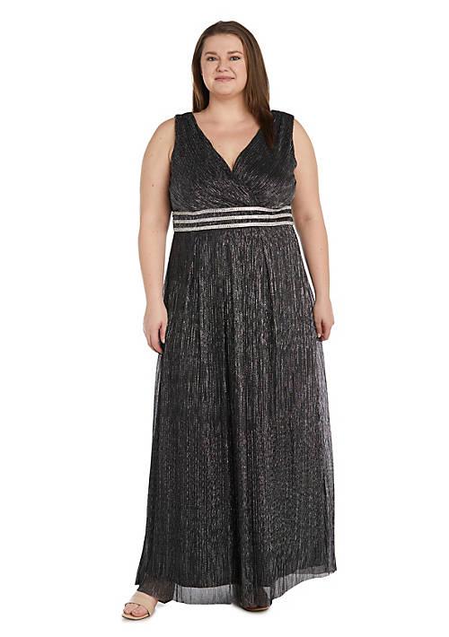 R & M Richards M Richards Long Crinkle Pleated Slvless Dress With Rhinestone Trim At Set In Waist