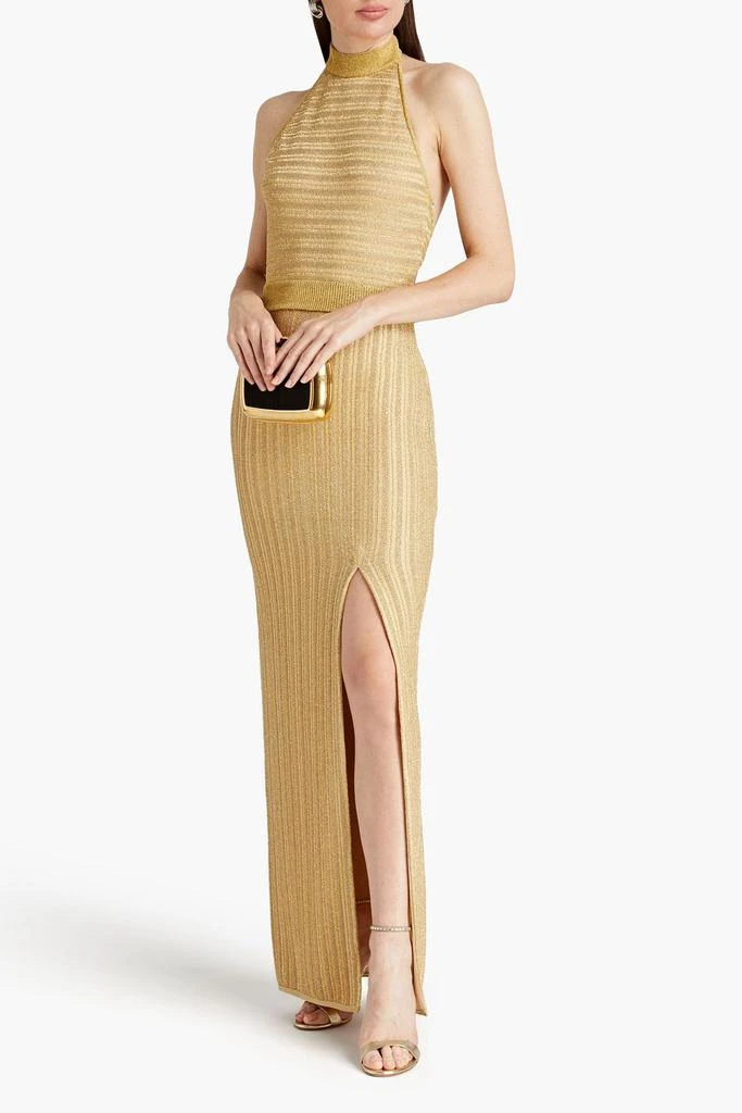 Herve Leger Metallic stretch-knit halterneck gown 2