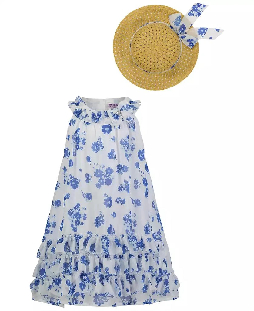 Blueberi Boulevard Baby Girls Ruffle-Trim White Blue Swing Dress Sun Hat 3