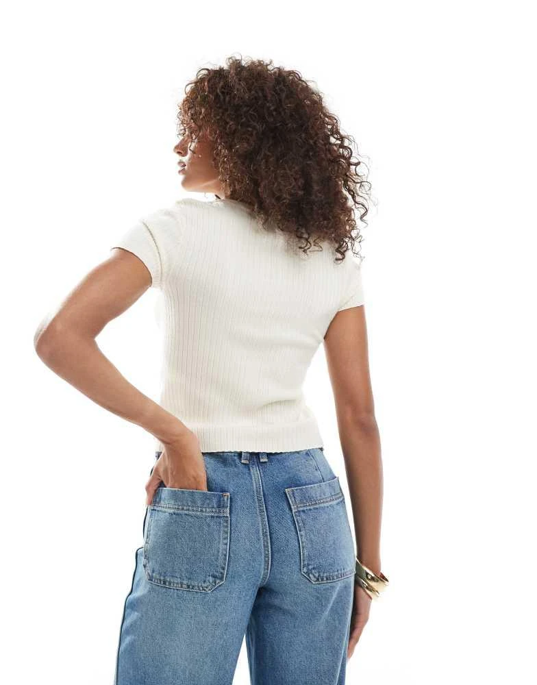 VERO MODA Vero Moda super soft rib knitted short sleeve button front top in birch cream 4