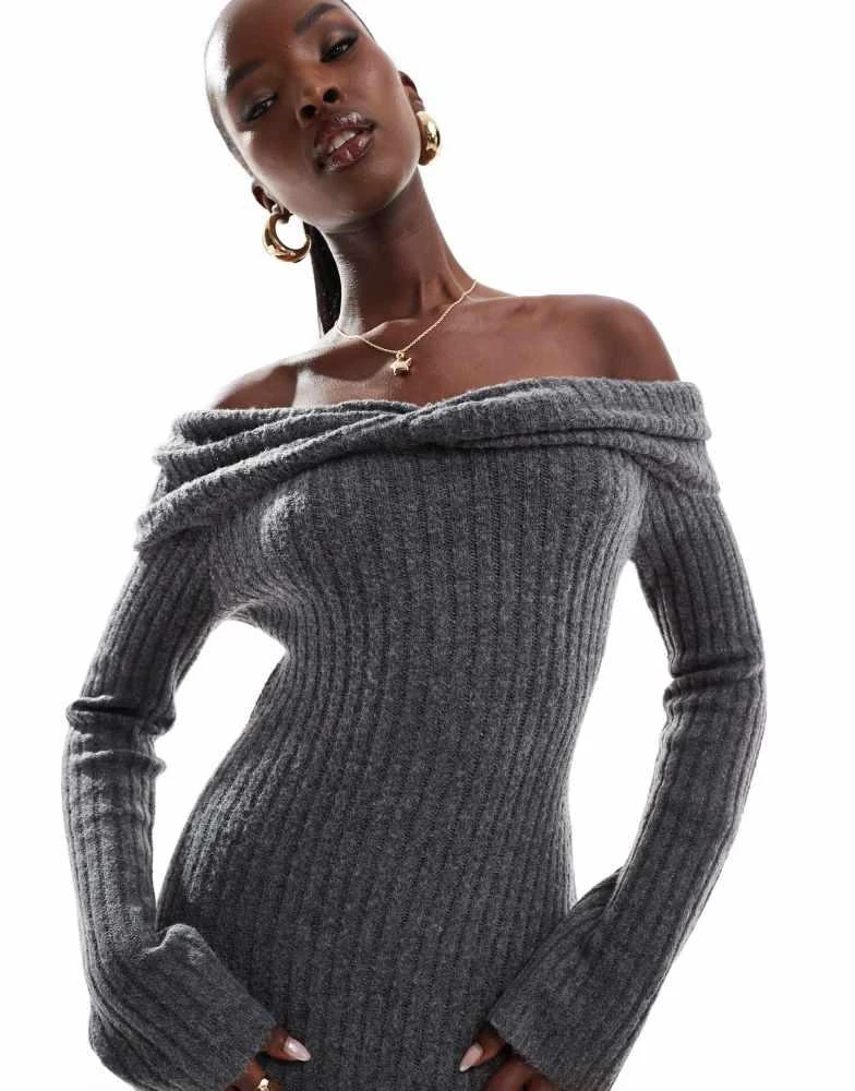 In The Style In The Style knitted bardot twist midi jumper dress in charcoal 2