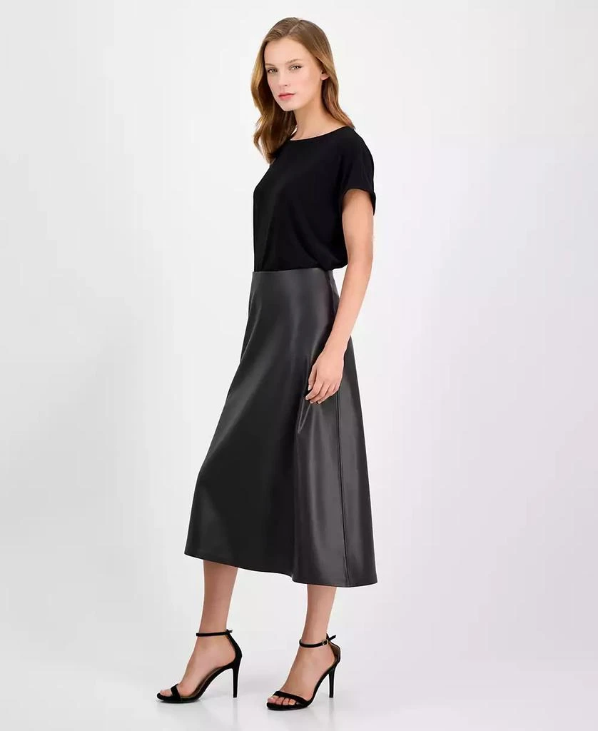 green emerald velvet dress Anne Klein Combo Vegan Leather MIDI Dress at Amazon Women's Clothing store