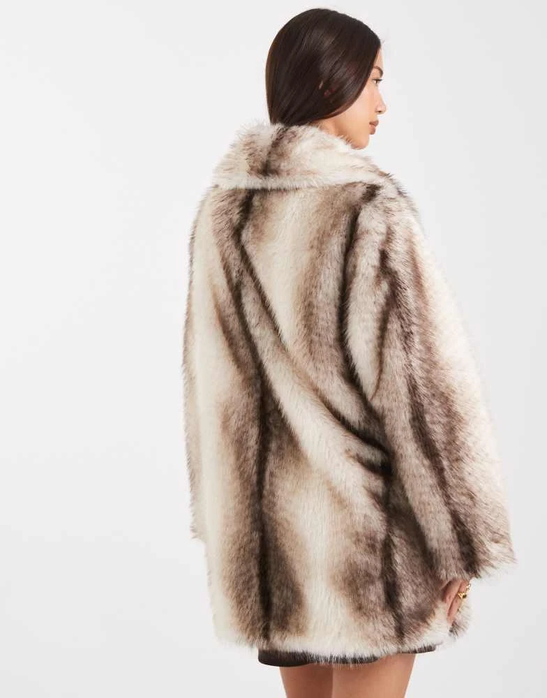 ASOS ASOS DESIGN top collar midi faux fur coat in cream stripe 2