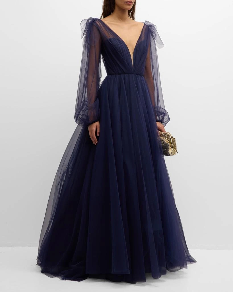 Romona Keveza Plunging Ruffle Long-Sleeve Tulle Gown 1