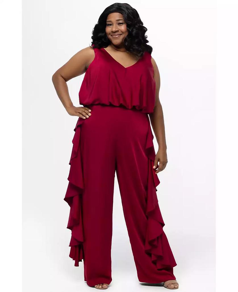 Celebrations by Sydney's Closet Women's V-Neck Stretch Satin Jumpsuit with Ruffles