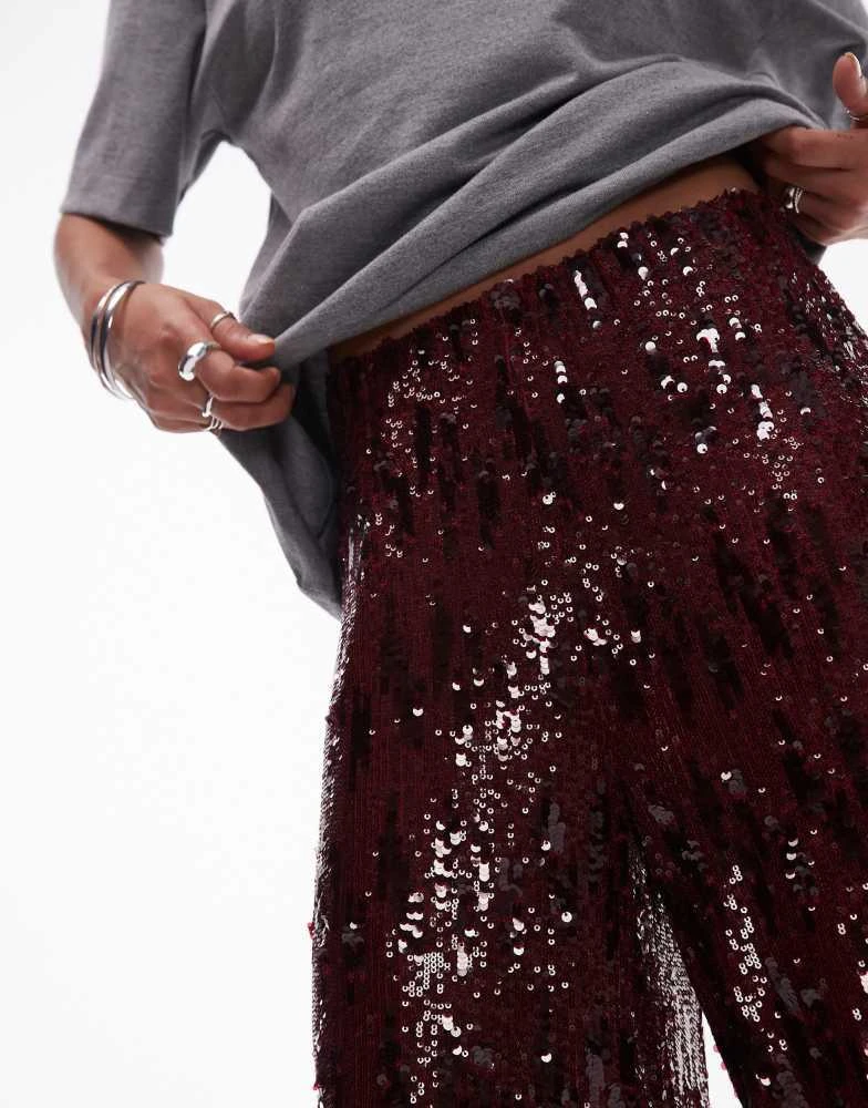 Topshop Topshop sequin wide leg trouser in burgundy 2