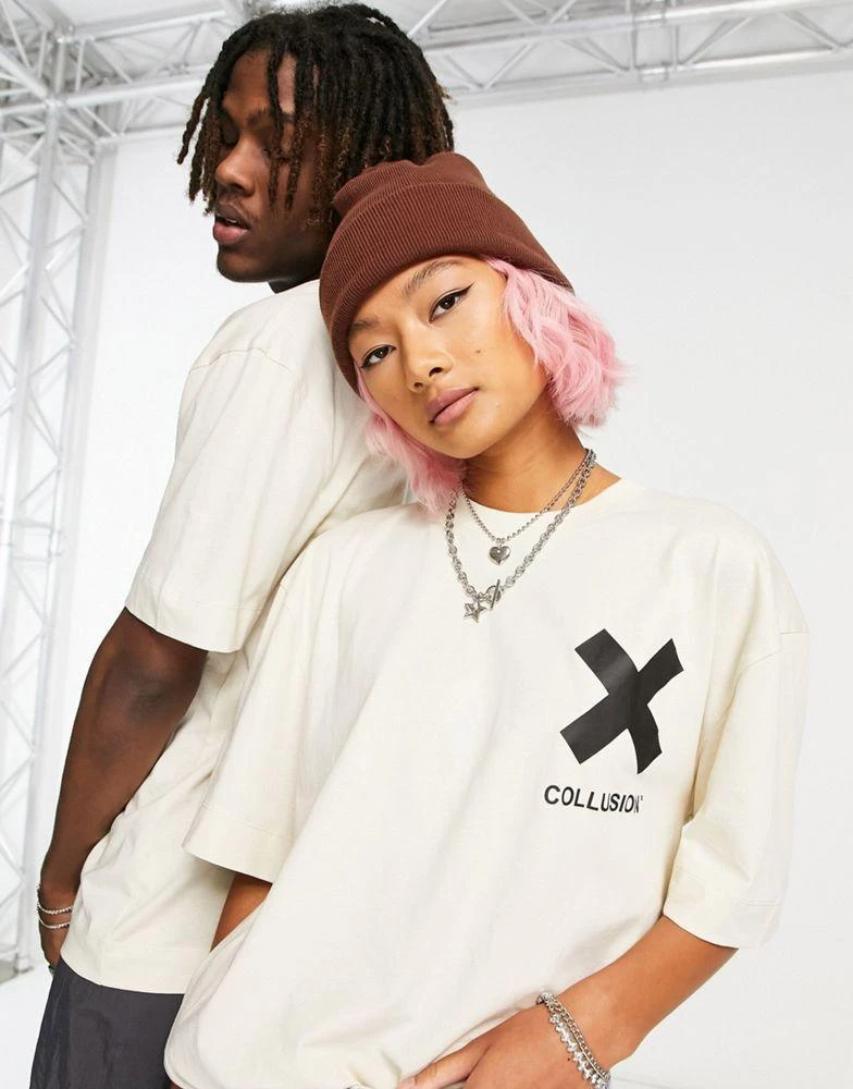 COLLUSION COLLUSION Unisex logo cotton t-shirt in off-white 3