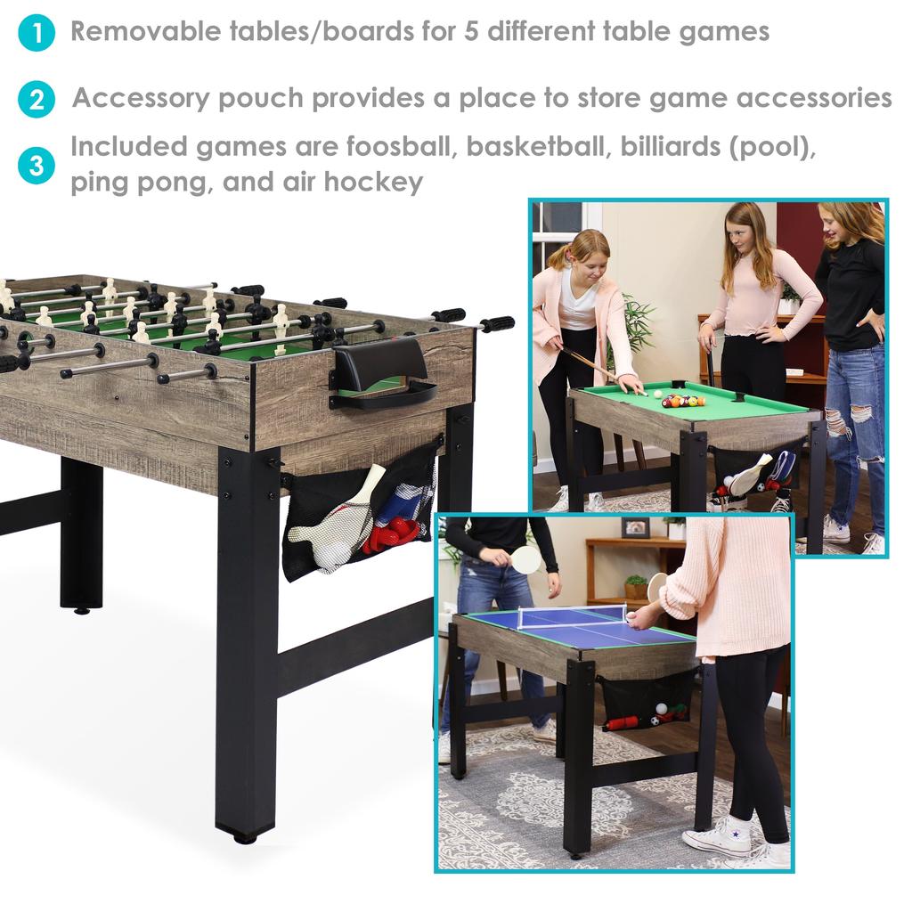 Sunnydaze Indoor Sport Collage 2-Player 5-in-1 Multi-Game Table with Billiards, Push Hockey, Foosball, Ping Pong, and Basketball - 45"