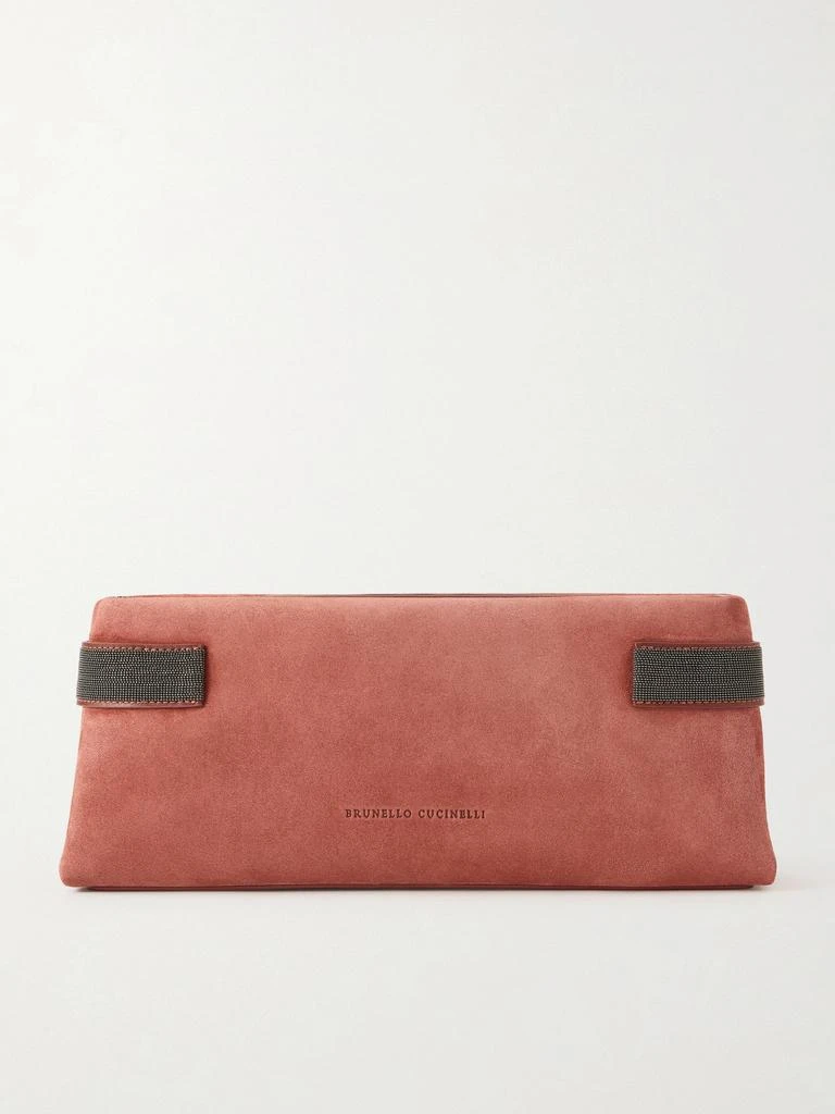 Brunello Cucinelli Essence Bead-embellished Leather-trimmed Suede Clutch - Brick