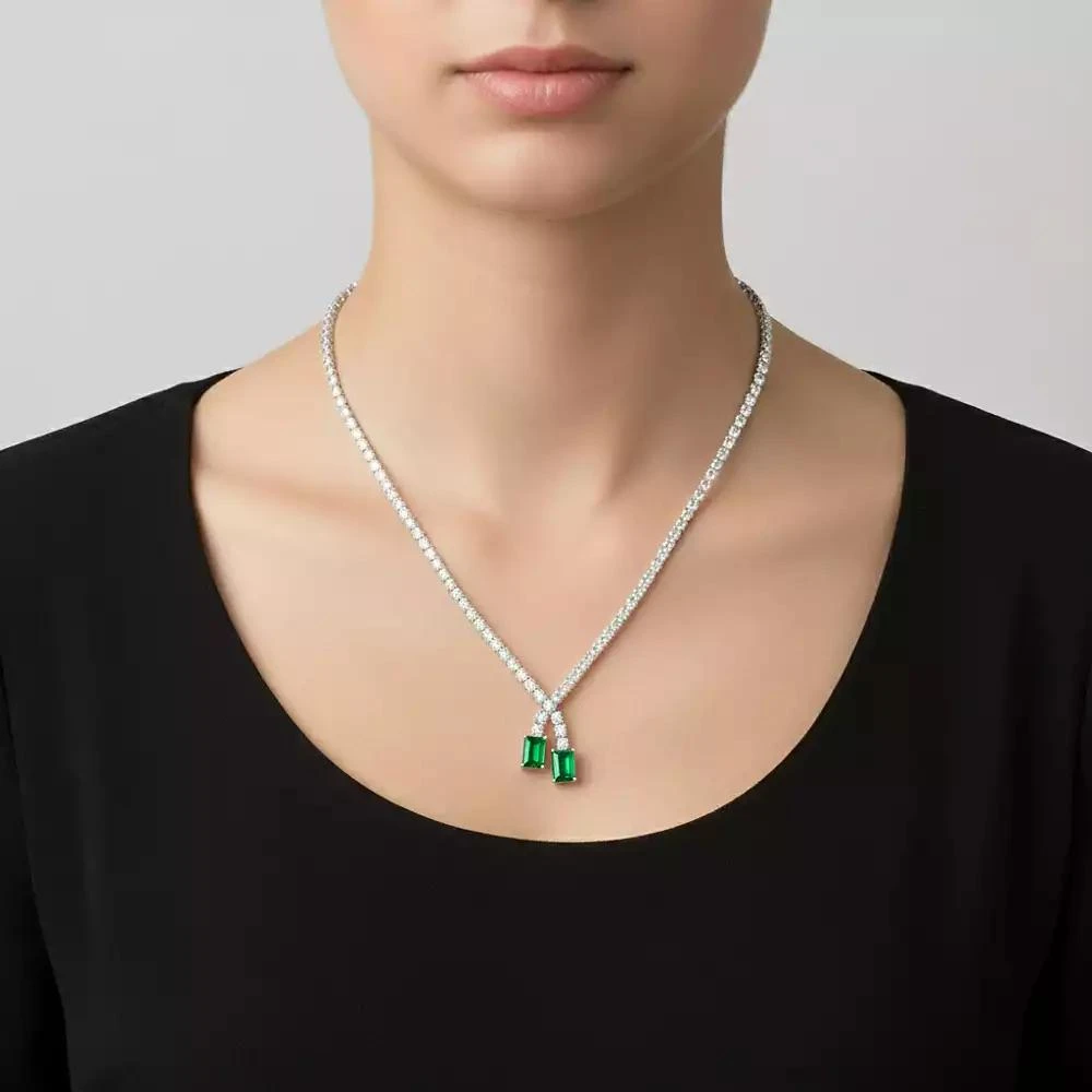 Genevive Sterling Silver White Gold Plated with Two-Stone Tennis Chain Collar Necklace 2