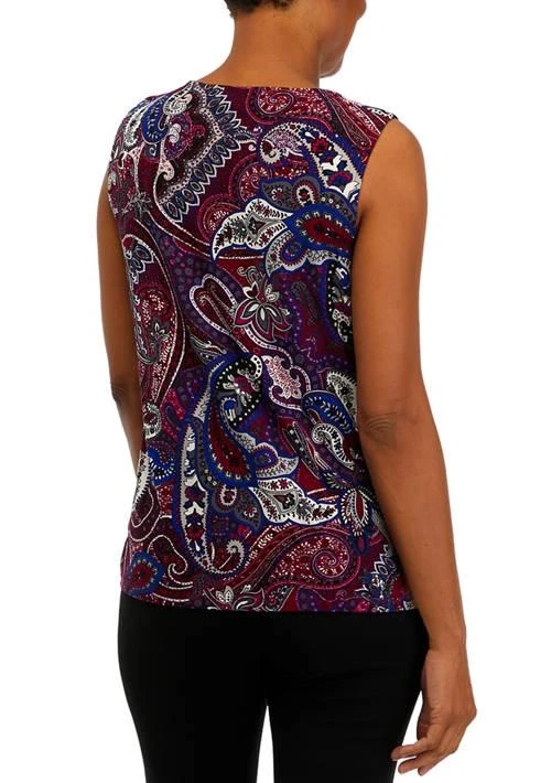 Kasper Womens Sleeveless Pleat Neck Paisley Print Top 2