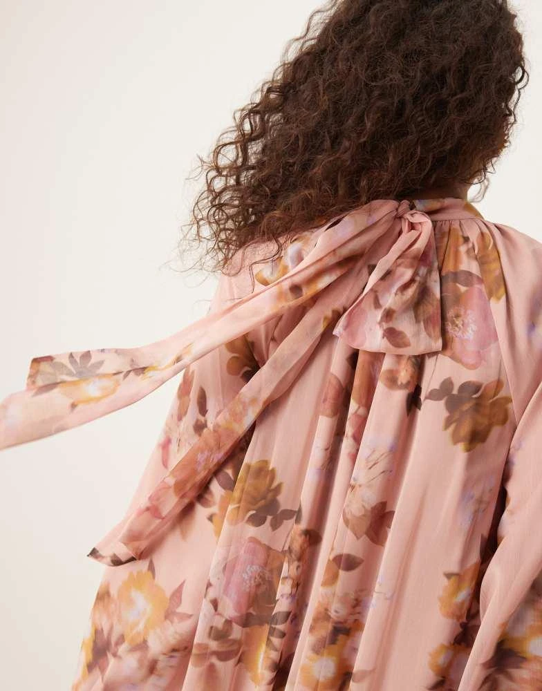ASOS ASOS DESIGN smock tie bow back maxi dress in pink blurred floral print 2