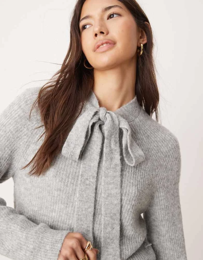 Miss Selfridge Miss Selfridge tie neck knitted jumper in grey marl 3