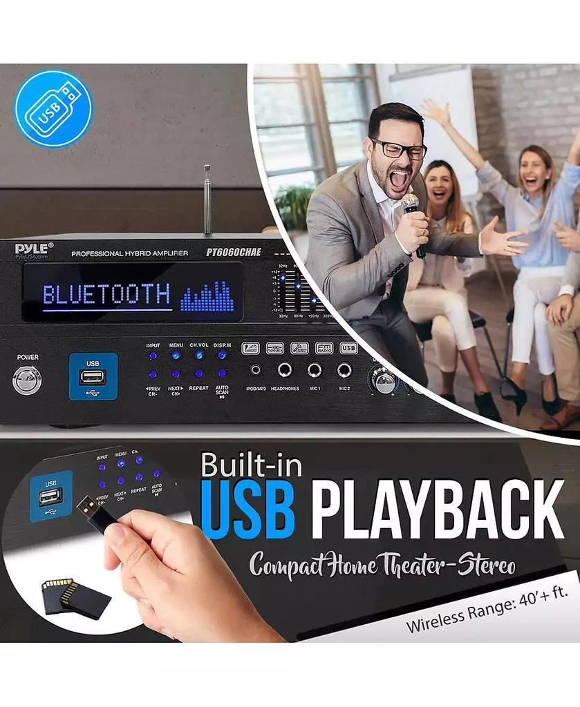 Pyle 6-Channel Bluetooth Home Theater Amplifier - Built-in Cooling Fan, Radio Antenna, BT/FM/Optical/Coaxial/HDMI 
Dual 10 Band EQ, 2000W Peak Power 6