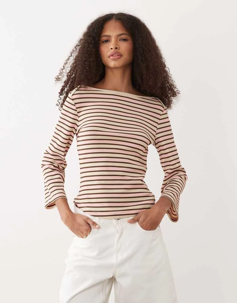ASOS ASOS DESIGN boatneck angel sleeve top with binding detail in chocolate and light pink stripe