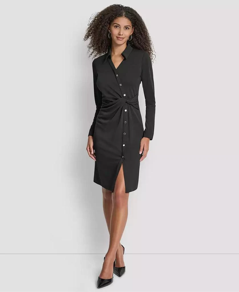 Women's Long Sleeve Asymmetrical Knot Button Front Sheath Dress  On Sale  Now with Up to 40% Off | Discover Exclusive Deals & Savings at BeyondStyle   Authentic DKNY dress|women's fashion with