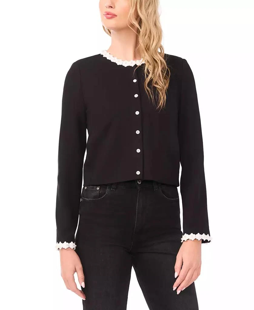CeCe Women
s Crochet Floral Trim Detail Crewneck Cardigan