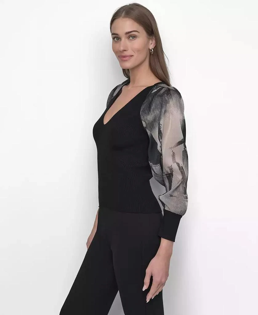 DKNY Women's Printed Organza-Sleeve V-Neck Shirt 4
