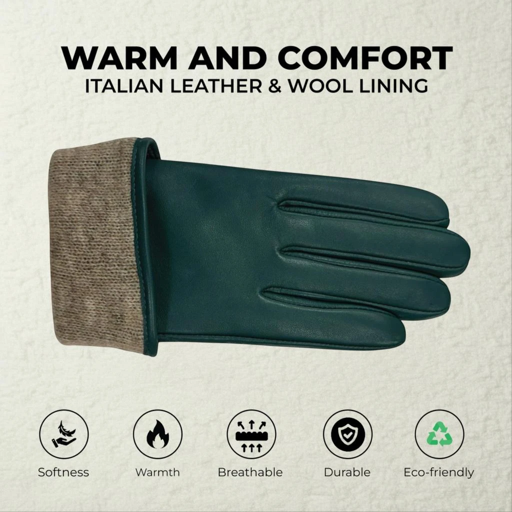 Infinity Leather Womens Teal Green Italian Leather Soft Wool Lining Winter Buckle Driving Gloves 3
