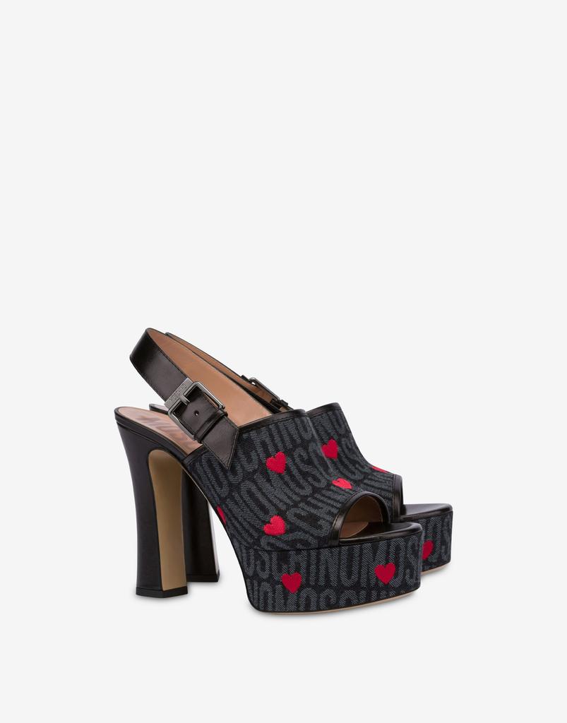 Moschino Denim Sandals Allover Logo With Hearts