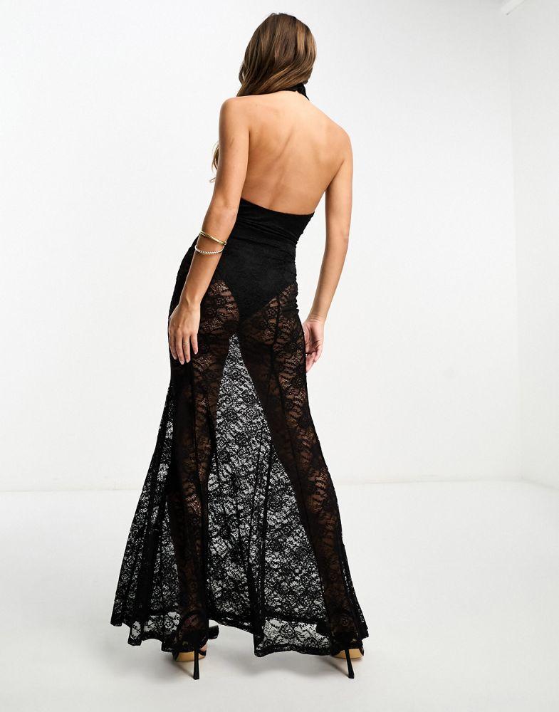 ASOS Petite ASOS DESIGN Petite halterneck panelled sheer lace maxi dress in black Dresses Skirts BeyondStyle